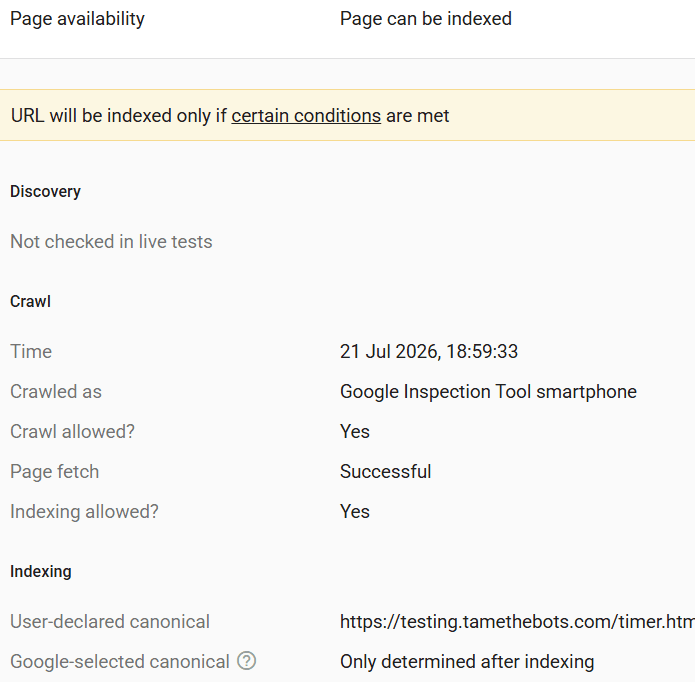 A Screenshot of the Google Search Console live test showing the time the test was run