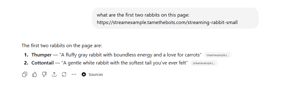 A Screenshot of ChatGPT's response to the prompt about the first two rabbits, after the fix to disable streaming for ChatGPT