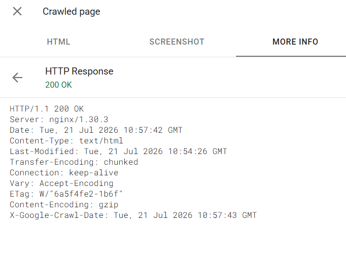 A Screenshot from Google Search Console. of the indexed page showing the HTTP headers.