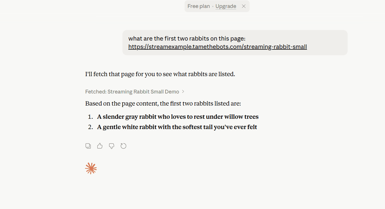 A Screenshot of Claude's response to the prompt about the first two rabbits